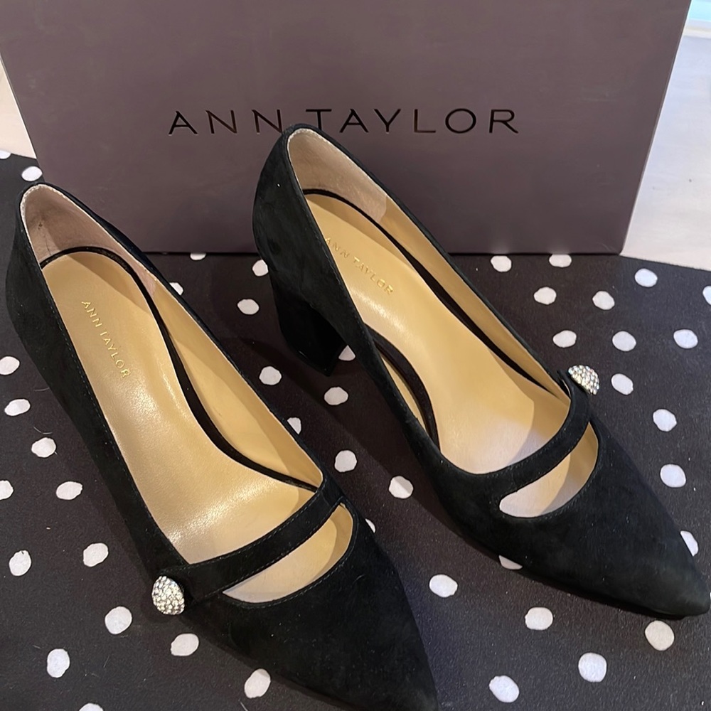 Ann Taylor Essie Maryjane Black suede pump with rhinestone embellishment